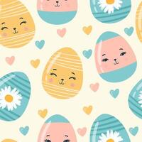 Seamless pattern easter with flowers cartoons eggs with cute faces vector