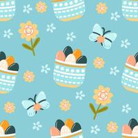 Seamless pattern easter with flowers cartoons easter basket vector