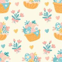 Seamless pattern easter with flowers cartoons easter basket vector