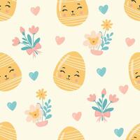 Seamless pattern easter with flowers cartoons eggs with cute faces vector