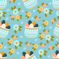 Seamless pattern easter with flowers cartoons easter basket vector