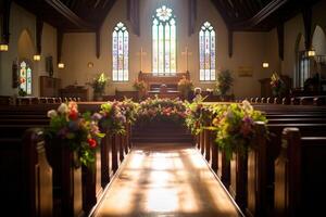 interior de un Iglesia con un lote de flores en el primer plano.funeral concepto ai generado foto