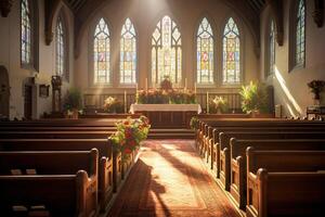interior de un Iglesia con un lote de flores en el primer plano.funeral concepto ai generado foto
