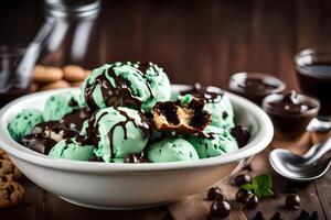 chocolate mint ice cream in a bowl. AI-Generated photo