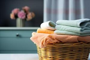 Towel basket on the background of the wash room. generative ai. photo