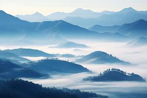 AI generated Beautiful landscape of mountains in foggy morning.Beauty in nature. photo