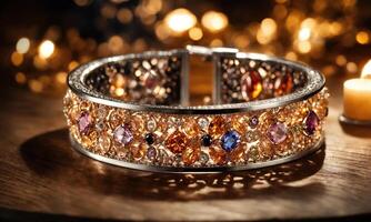 AI generated jewelry diamond ring on wooden table with bokeh background. ai generative photo