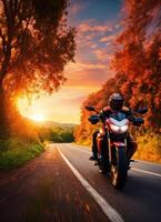 ai generado motociclista montando un motocicleta en un país la carretera a puesta de sol. ai generativo foto