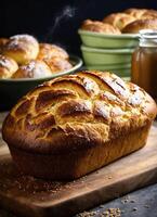 AI generated Freshly baked bread with sesame seeds on a wooden board. ai generative photo