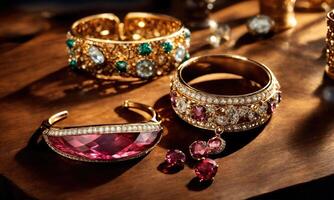AI generated jewelry diamond ring on wooden table with bokeh background. ai generative photo