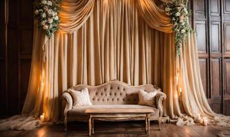 AI generated Interior of a rustic room with a beige sofa and curtains. ai generative photo