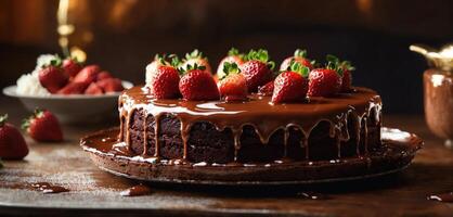 AI generated Chocolate cake with whipped cream and fresh fruits on a dark background. ai generative photo