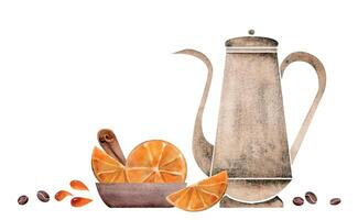 Watercolor hand drawn composition with copper coffee pot, cezve, beans, orange slices, cinnamon sticks. Isolated on white background. For invitations, cafe, restaurant food menu, print, website, cards vector