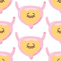 Seamless pattern adorable kawaii human organ. Unhappy full bladder isolated on white background, child illustration in flat style, incontinence problem. vector