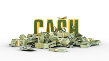 US dollar notes spread around 3D cash text. text surrounded with pile of bank notes.3d rendering png