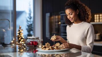 AI generated multy etjnic man and woman Baking, preparing festive dinner in modern kitchen with christmas decorations photo