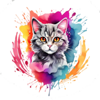 high quality, logo style, Watercolor, powerful colorful cute cat logo facing forward, monochrome background, by ,awesome full color, png