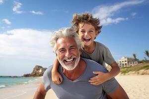 ai generado abuelo y nieto teniendo divertido en el playa a el día tiempo, contento mayor hombre y su nieto en el playa a verano, ai generado foto