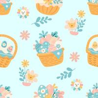 Seamless pattern easter with flowers cartoons easter basket vector