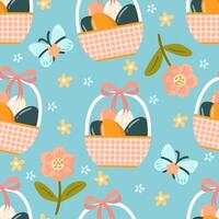 Seamless pattern easter with flowers cartoons easter basket vector