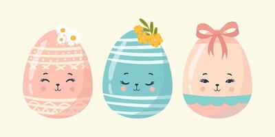 different Easter eggs with cute faces vector