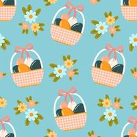 Seamless pattern easter with flowers cartoons easter basket vector