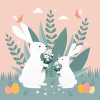 Vector Easter Bunny With Eggs, Flowers