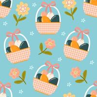 Seamless pattern easter with flowers cartoons easter basket vector