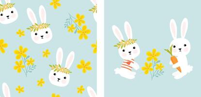 Seamless pattern with bunny rabbit cartoons and cute camomile vector illustration.