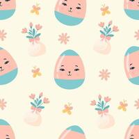 sin costura modelo Pascua de Resurrección con flores dibujos animados huevos con linda caras vector