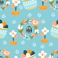 Seamless pattern easter with flowers cartoons easter basket vector