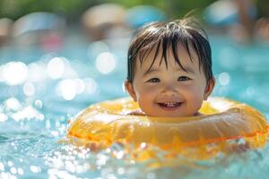 AI Generated A lively Asian child gleefully splashes in the refreshing swimming pool, surrounded by the vibrant hues of an inflatable circle photo