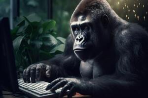 AI generated Gorilla coding developer at computer. Generate ai photo