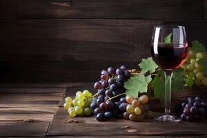 AI generated Grapes harvest with wineglass background. Generate ai photo