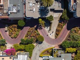 Panoramic view of aerial Lombard Street, an east west street in San Francisco, California. photo