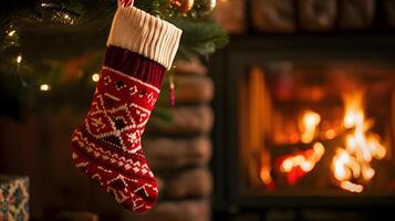 ai generado un medias colgando desde un Navidad árbol siguiente a un hogar foto