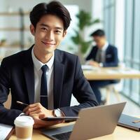 AI generated A businessman works behind a laptop. Company workplace. Photo Pro Generate Ai