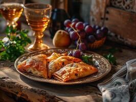 AI generated Oriental dish, oriental cuisine. Traditional Turkish pastry wrapped in phyllo. Turkish name gul boregi or gul borek. Food illustration. Photorealistic, background with bokeh effect. photo