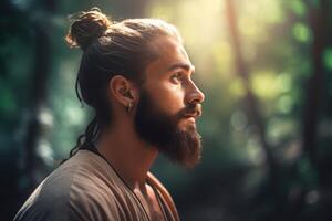 AI generated Epic charismatic bearded European guy in sunny forest. Generate ai photo