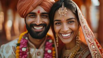 ai generado contento hermosa y indio Pareja sonriente mirando a cámara mientras en pie en contra borroso indio foto