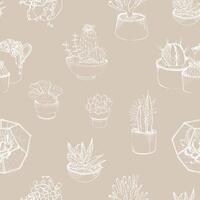 Modern seamless pattern with succulent outlines hand drawn on gray background. Desert plants growing in clay pots and glass vivariums. Vector illustration for wallpaper, backdrop, fabric print.