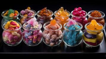 AI generated Colorful candies in glass jars on black background, closeup photo