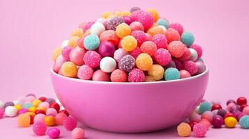 AI generated Colorful candies in pink bowl on pink background. Toned. photo