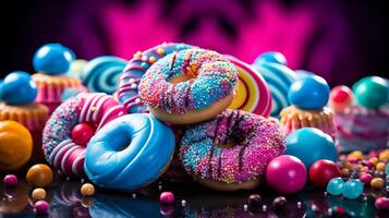 AI generated Assorted donuts with sprinkles on a black reflective background. photo