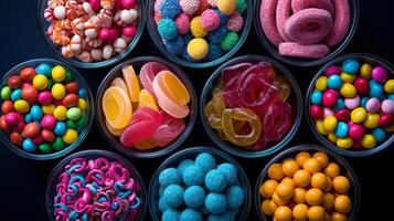 AI generated Colorful candies in bowls on black background. Top view. photo