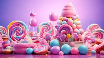 AI generated Colorful lollipops and other sweets in pastel colors photo