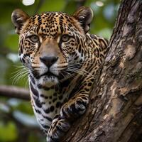 AI generated Jaguars inhabit jungles in Mexico, Central and South American. The jaguar is a large feline species native to the Americas.  Iit is the third-largest big cat in the world. photo