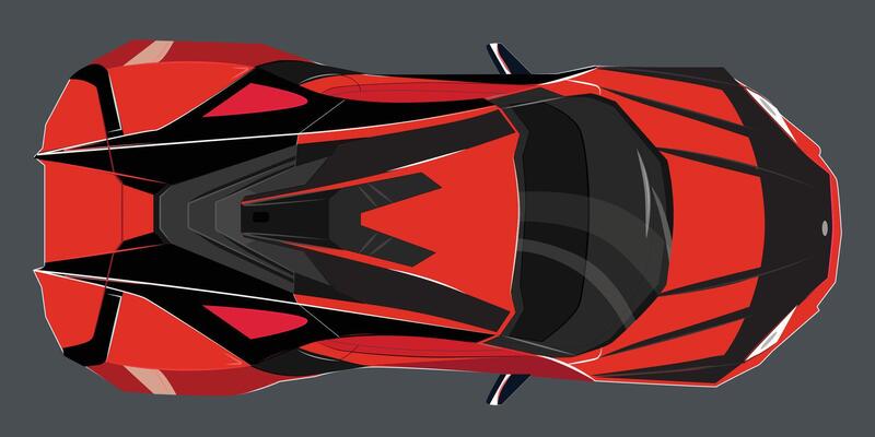 Vector red sports car on dark background for vehicle branding, company identity. View from above. All elements in a group on separate layers for easy editing and recoloring