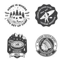 Set of Summer camp, canoe and kayak club badge. Vector. Concept for shirt or logo, print, stamp, patch. Vintage typography design with kayaker, camping tent, forest, mountain silhouette vector