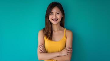 AI generated asian lady smiling wearing casual outfit yellow t-shirt summer photo concept